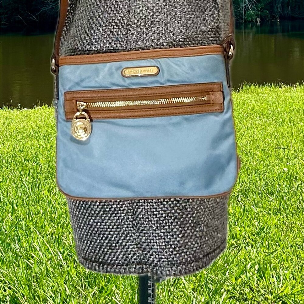MICHAEL Michael Kors MK Kempton Powder Blue Nylon & Brown Leather Crossbody Bag